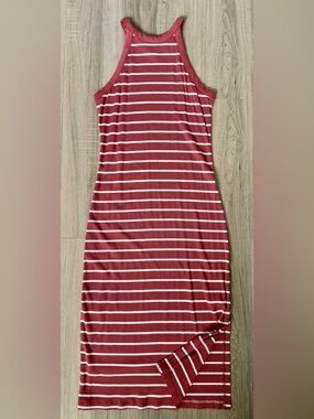 Striped Halter Midi Dress in Coral and White